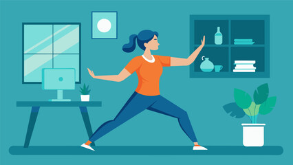 A woman in a cramped apartment follows a virtual tai chi routine feeling calm and centered as she moves through the imaginary space.. Vector illustration