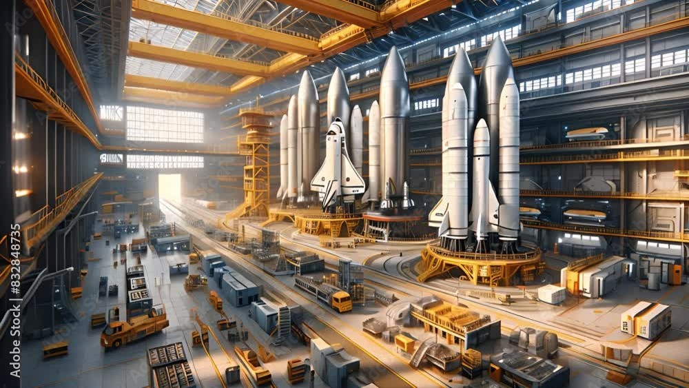 Poster a factory featuring a large number of rockets in various stages of production, showcasing the indust