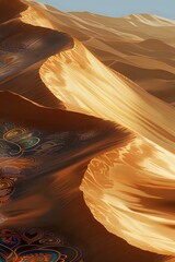 Golden sand dunes illuminated by the sun with intricate patterns woven into the sand, creating an artistic and mesmerizing desert landscape. Ideal for travel blogs, artistic prints, and nature photo