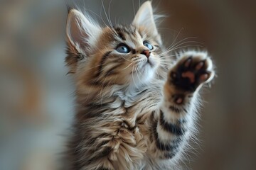 Obraz premium Adorable fluffy kitten reaching out with its paw, perfect for pet-themed projects. Ideal for promoting pet adoption, pet products, and animal photography.