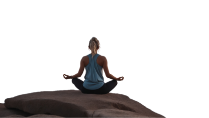 Woman in yoga zen pose meditating on a mountain at sunrise or sunset. Balance and stability, meditation relaxation and peace.