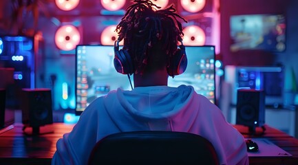 Gamer immersed in a video game with headphones, perfect for gaming and technology themes. Ideal for promoting esports, gaming setups, and tech products.