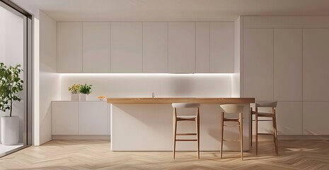 Fototapeta premium Modern kitchen with white cabinets, wooden countertop and bar counter, two chairs on the right 