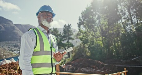 Mature black man, shaking hands and tablet on construction site for welcome and project management agreement with client. People, contractor and handshake with technology for b2b deal and partnership