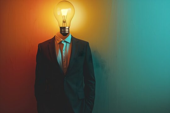 modern young man wearing suite with a bulb lamp instead of the head