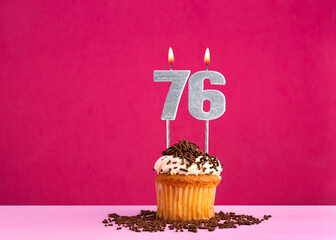 Birthday cupcake with candle number 76 - Birthday card on pink background