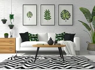 Modern living room interior with white walls, black and green decorative elements, coffee table on geometric rug near sofa against brick wall