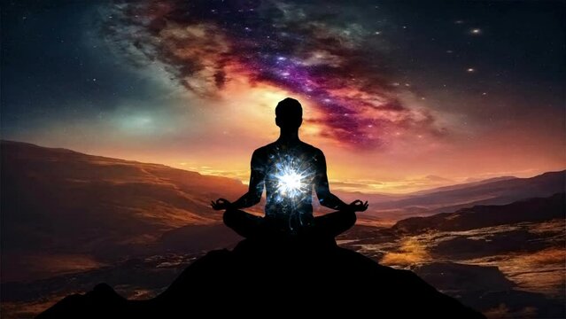Man silhouette in an yoga meditation pose  highlighting the Hindu Chakras against energy background