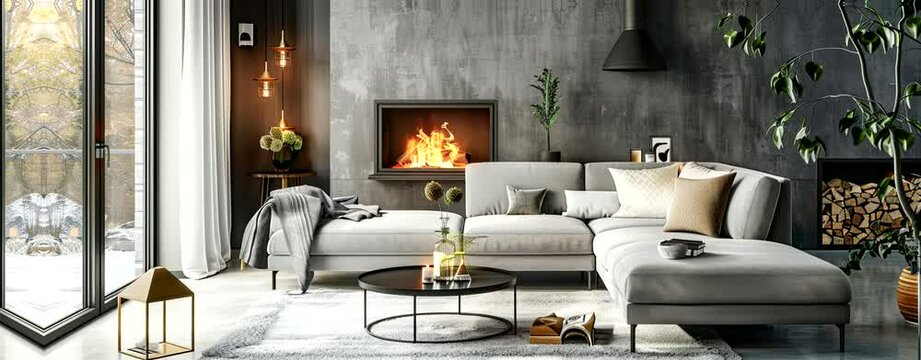 Grey daybed sofa against fireplace. Rustic scandinavian home interior design of modern living room, Seamless looping time-lapse virtual 4k video animation background
