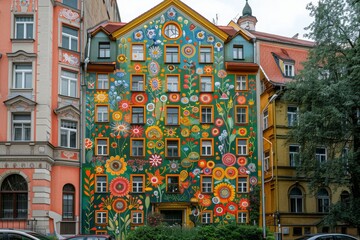 Colorful floral mural on a residential building in the city
