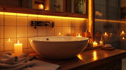 Evening Bathroom Ambiance with Lit Candles Basin and Reflection