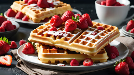 Belgian waffles with strawberries and raspberries. Generative AI