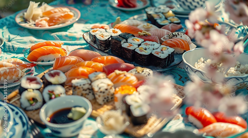 Wall mural seafood, meal, sushi, closeup, food, fresh, japanese, lunch, plate, rice, salmon, healthy, dinner, epicure, fish, delicious, traditional, cookery, dish, maki, asia, japan, raw, white, vegetable, culin - Wall murals