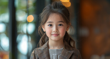 Fototapeta premium A young girl with brown hair and blue eyes is smiling at the camera. She is wearing a jacket and has her hair in pigtails