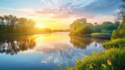 Scenic view of sunrise over river in spring