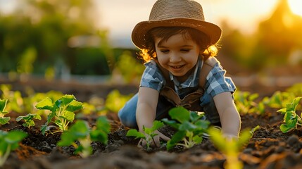 Young child happily tending to plants in a garden, symbolizing growth and learning in nature. Perfect for gardening blogs, educational content, and family lifestyle themes.