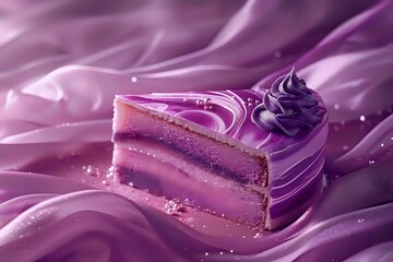 Slice of a beautifully decorated purple cake with swirled icing and a smooth, velvety texture. Perfect for food blogs, dessert recipes, and culinary presentations.