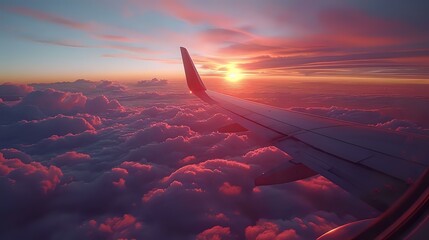 Airplane wing above the clouds during a stunning sunset, capturing the beauty of air travel and scenic views. Perfect for travel blogs, aviation content, and inspirational themes.
