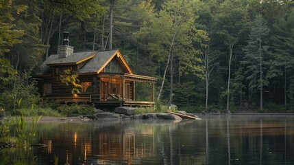 Fototapeta premium A Cabin and Relaxing Shelter by the Lake in the Woods