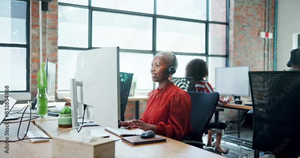 Poster help, office and customer service in call center with black woman in crm, b2b networking and sales. 
