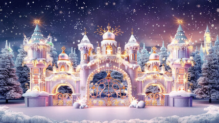 Obraz premium A castle stands tall in a snowy Christmas setting