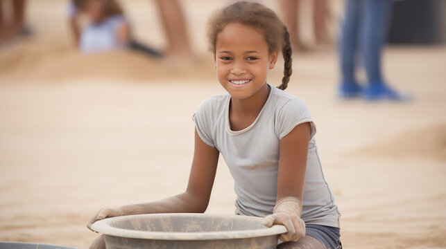 A young girl is sitting on the sand with a bucket in her lap