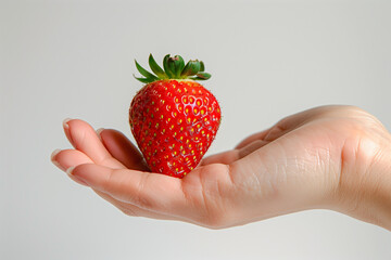 Obraz premium Close-Up of a Large Red Strawberry Held in a Hand on a White Background