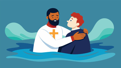 The pastor embracing the believer after they resurface from the water symbolizing their acceptance into the Christian community.. Vector illustration