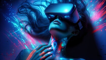 Immersive Virtual Reality Experience: Woman in Neon Colors. Woman wearing a VR headset lies immersed in a vibrant, neon-colored digital world, illustrating the intensity of virtual reality technology.