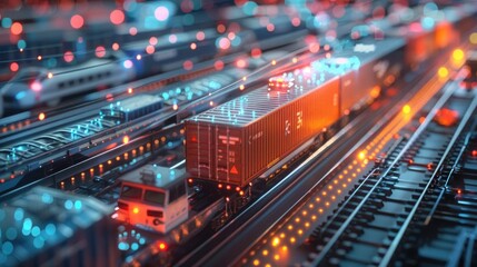 Futuristic cargo train with container cars on the railway in a data center, closeup view of a technological digital landscape background. Concept for global business and logistics. Digital twin model