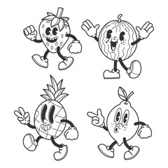 Retro illustration of fruits characters outluine art