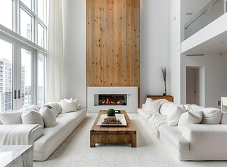 modern living room with white walls, fireplace and wooden paneling on the wall, couches and coffee table in front of it, window to left side of the picture, stock photo style