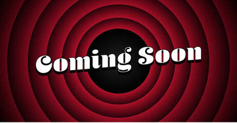 Screensaver Coming Soon on red round background in retro style. Old movie promotion announcement screen. Vector illustration