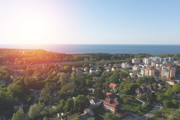 Baltic sea beach with Svetlogorsk town. Aerial view