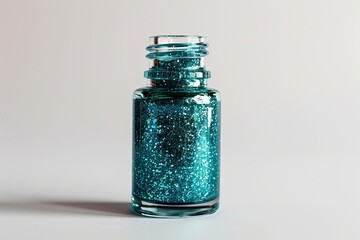 bottle of glittery teal nail polish on plain white background from Generative AI 