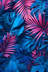 Tropical leaves and cactus in bright creative pink and blue colors. Minimalistic background concept art.