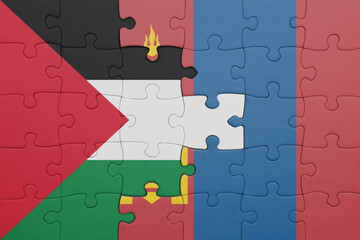 puzzle with the colourful national flag of mongolia and flag of palestine.