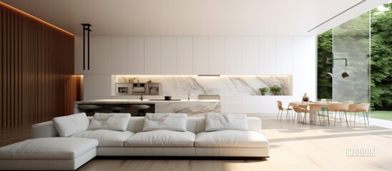 Modern minimalist white interior with kitchen and lounge concept sofa