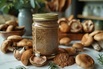 mushroom coffee integration, a jar of mushroom coffee powder on the kitchen counter, a versatile ingredient perfect for making a variety of delicious drinks