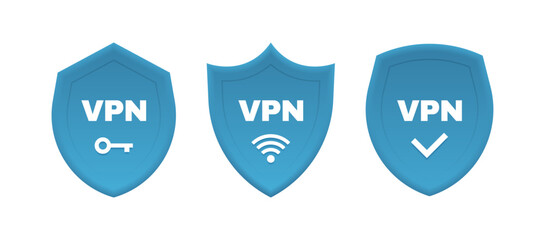 Set of 3d VPN shield with key, wifi sign and check mark. Design concept of private network connectivity, successful connection, privacy protection, data transfer and web traffic. Vector illustration