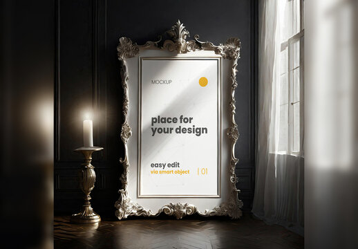 Elegant Baroque Poster Frame Mockup with Subtle Light 02 Generative Ai