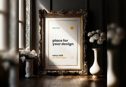 Elegant Baroque Poster Frame Mockup with Subtle Light 05 Generative Ai