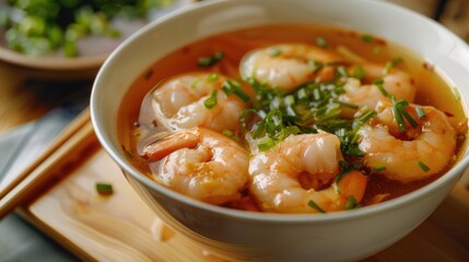 Asian style shrimp dumpling soup served in a white bowl