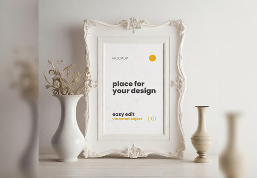 Elegant Baroque Poster Frame Mockup with Subtle Light 08 Generative Ai