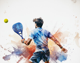 A vibrant young man padel player swings a racket on a colorful padel court with ink splashes. Generative ai