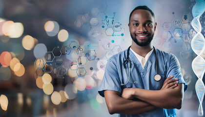 African American black doctor man with stethoscope over blue background. Generative ai