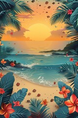 Beautiful summer beach landscape and flowers summer background with bright colors. A postcard with flowers. Illustration