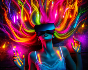 Neon VR Dreamscape: Woman with Fiery Multicolored Hair. Woman wearing a virtual reality headset, her hair transformed into a vibrant spectrum of neon colors. 