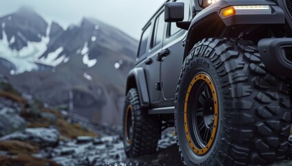 Close up of the rugged tires and black metallic bodywork on an offroad vehicle