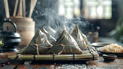 Steaming zongzi wrapped in bamboo leaves on a table
